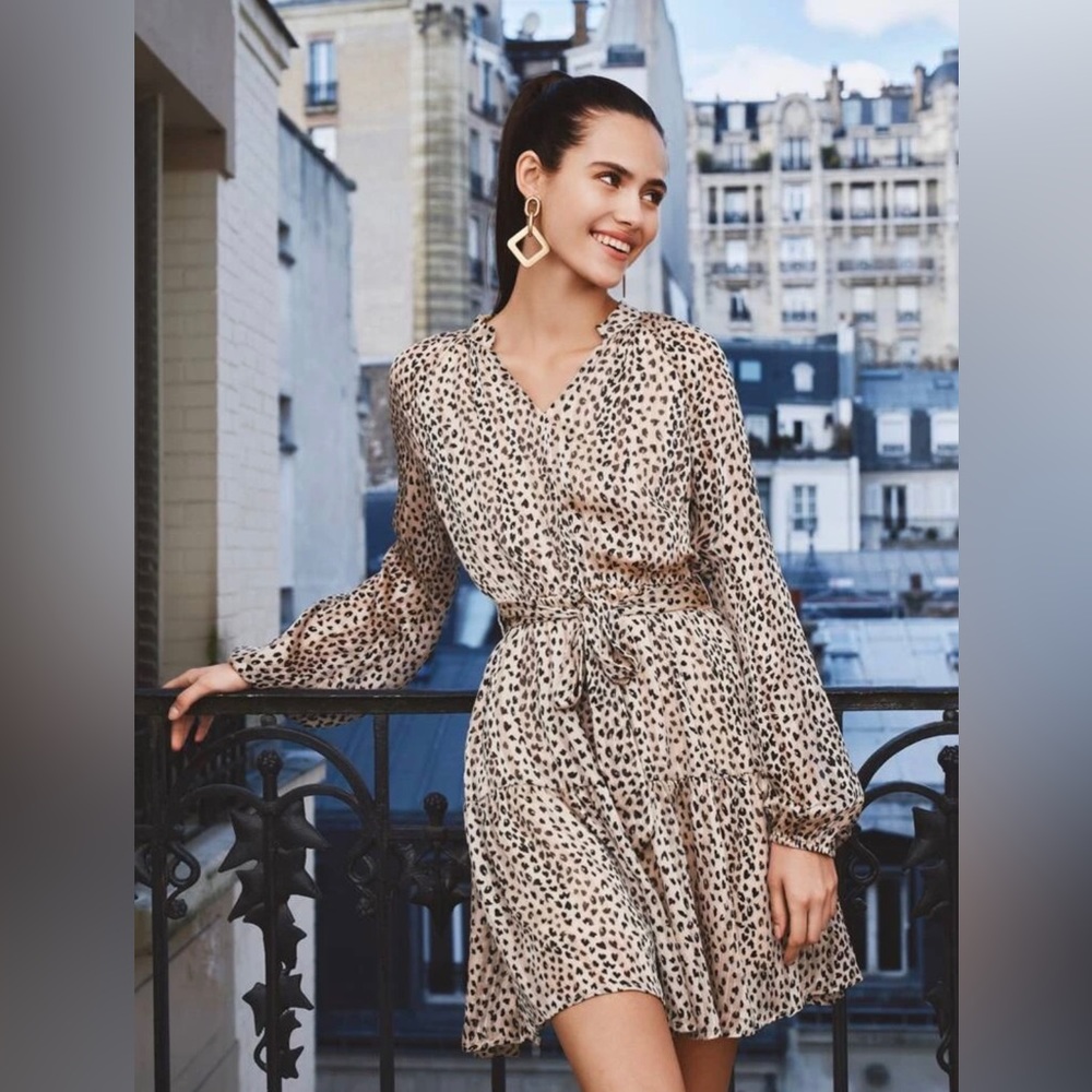 SHEIN Frenchy Leopard Print Lantern Sleeve Ruffle Hem Belted Metallic Dress
